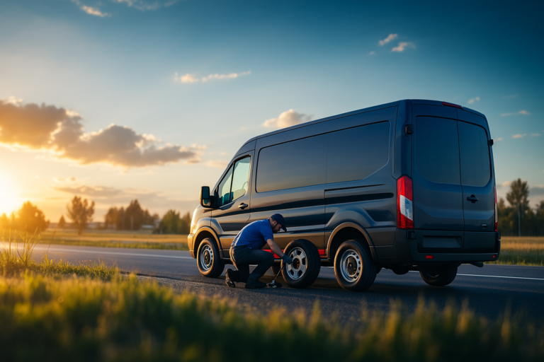Technik wymienia koło przy drodze, korzystając z wyposażonego samochodu serwisowego.