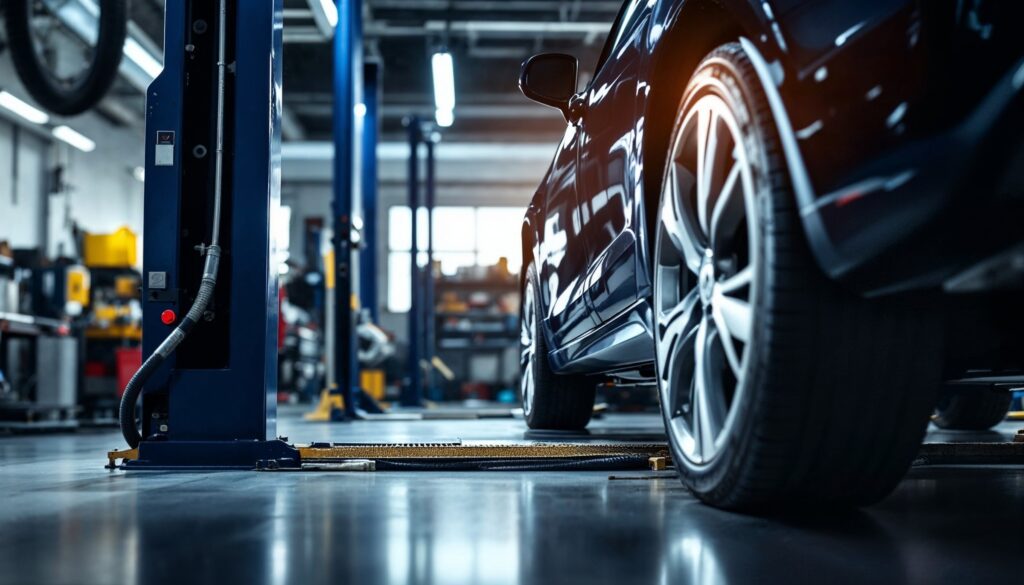 Samochód przygotowywany jest do diagnostyki i obsługi opon w profesjonalnym warsztacie.