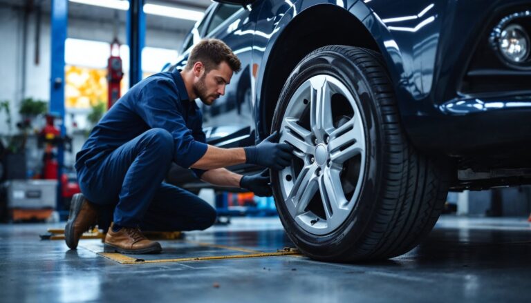 Specjalista dokładnie sprawdza i montuje oponę w samochodzie osobowym.