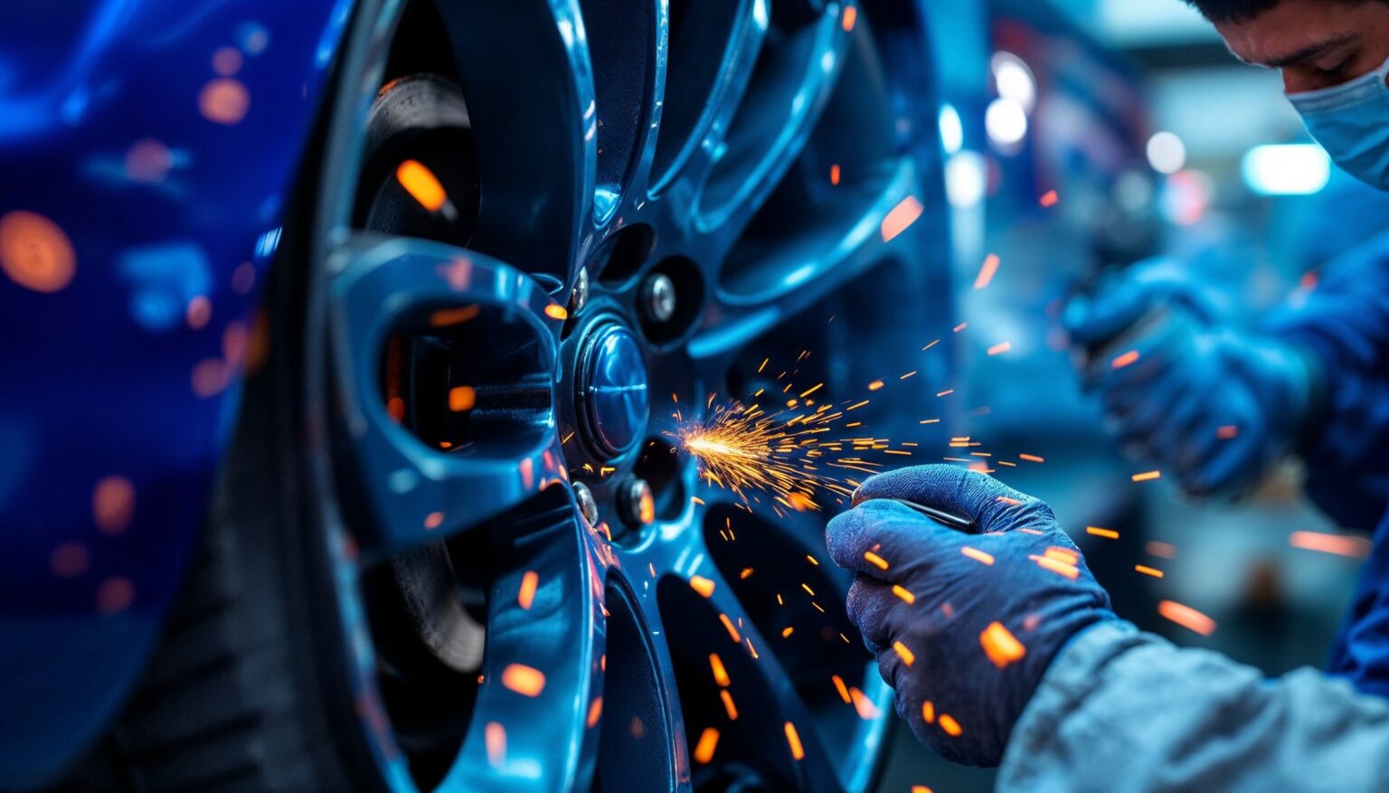 Fachowiec zajmuje się naprawą felgi, wykonując iskrzącą obróbkę metalu.