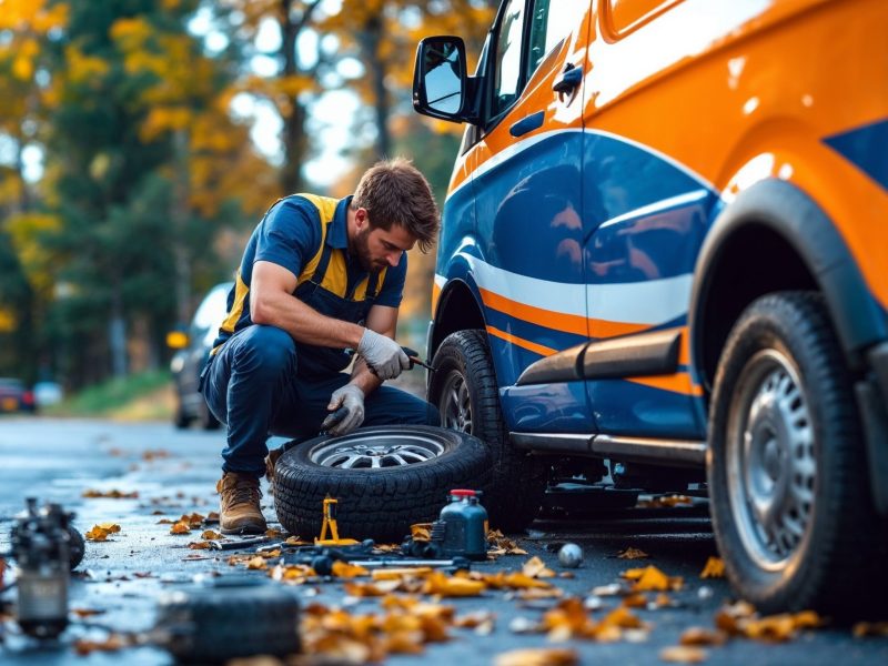 Specjalista wulkanizacji sprawdza koło na poboczu