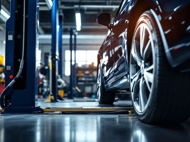 Samochód przygotowywany jest do diagnostyki i obsługi opon w profesjonalnym warsztacie.