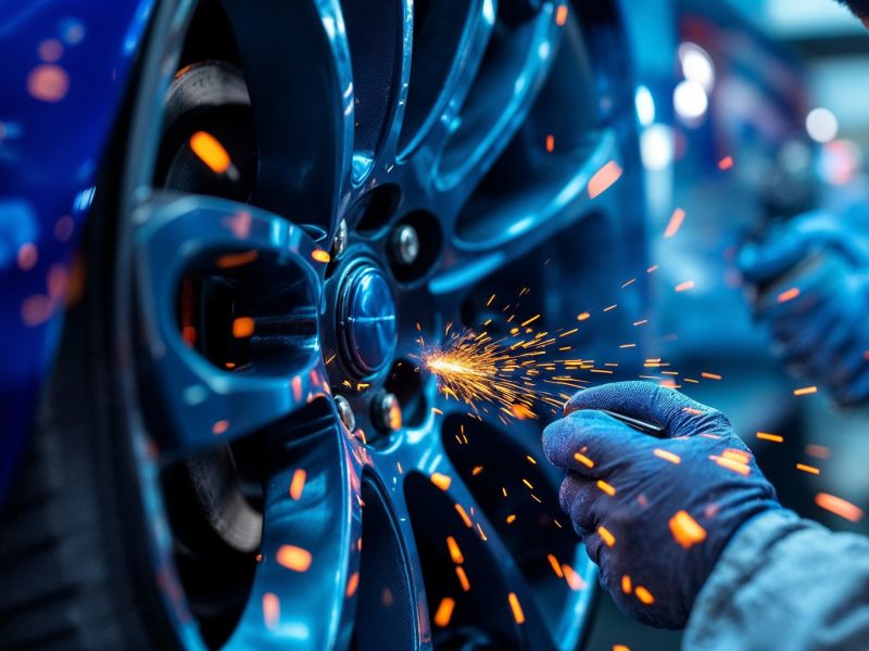 Fachowiec zajmuje się naprawą felgi, wykonując iskrzącą obróbkę metalu.